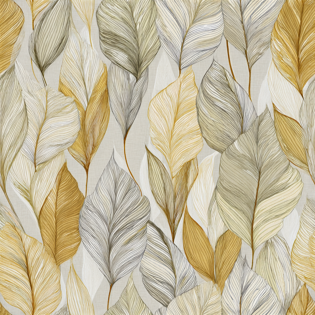 Gilded autumn wallpaper with leaf pattern featuring yellow, brown, and gray linear details.