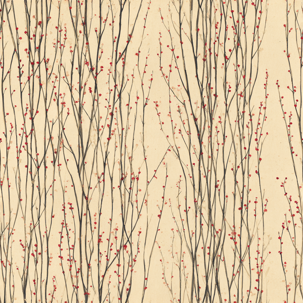 Floral patterned wallpaper with red berries and slender black branches.