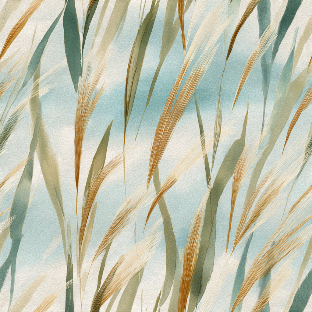Watercolor Sea Whispers Wallpaper with reed and grass patterns over a blue and beige backdrop.