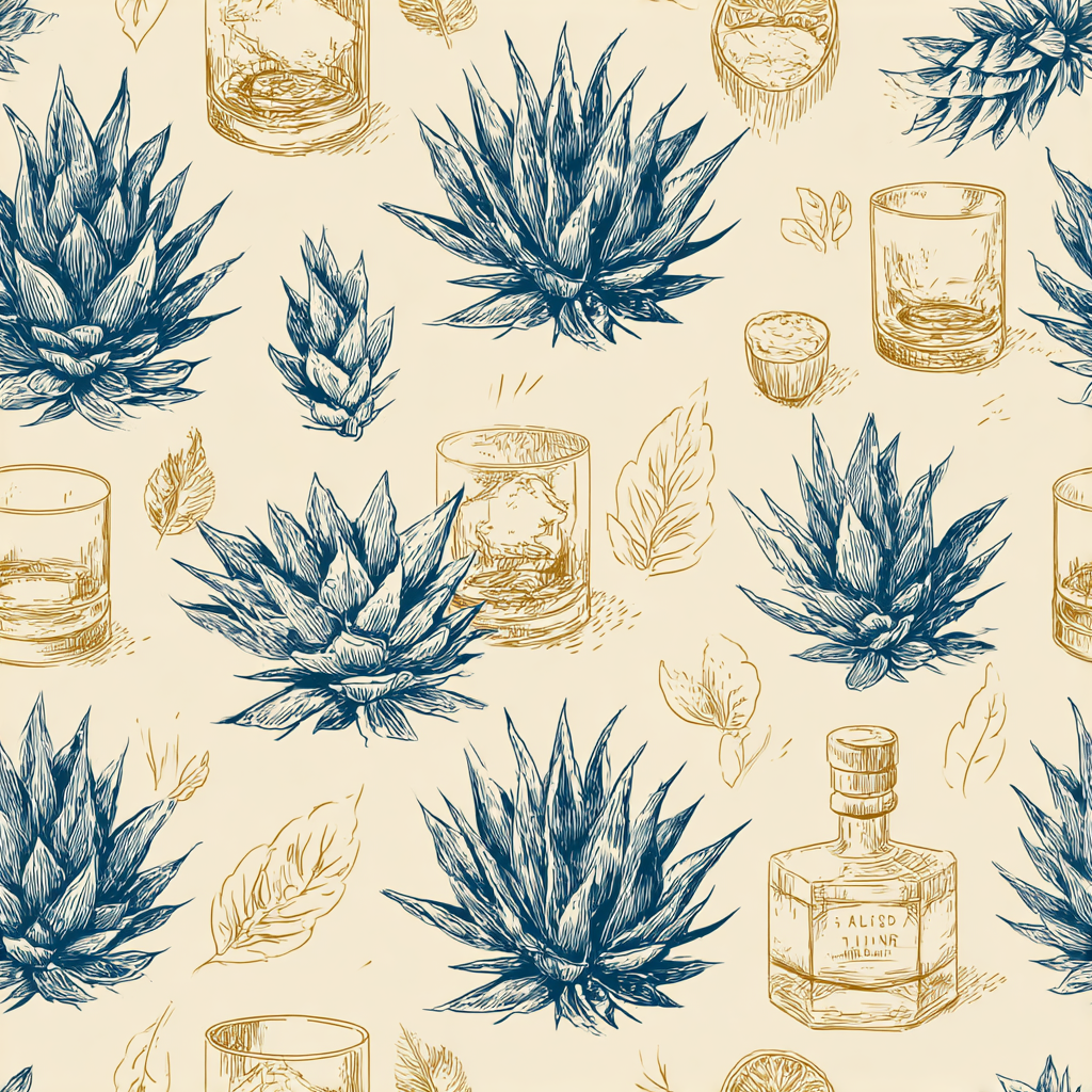 Dry wallpaper with agave and drink illustrations, patterned overall.