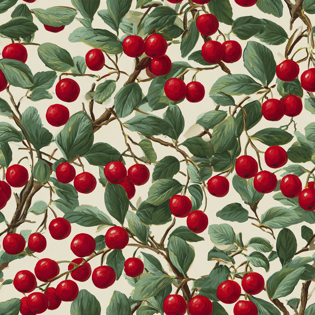 Cranberry crawl wallpaper with leaf and berry pattern in red and green.