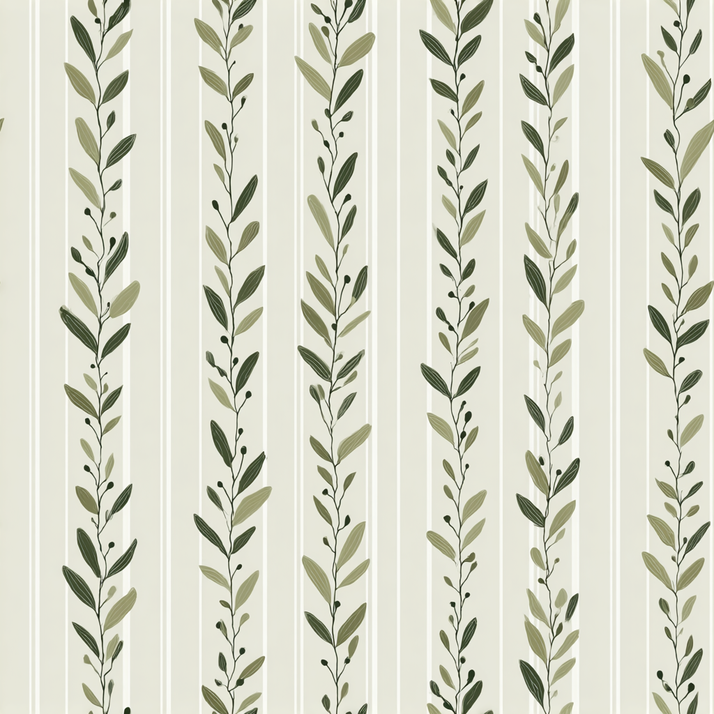 Olive stripe wallpaper with green vines and leaves on a light background.