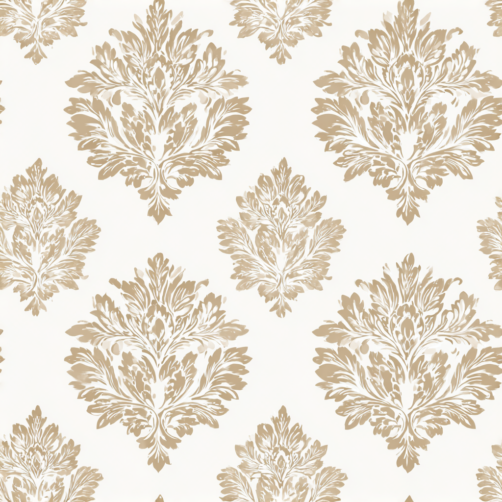 Beige Parisian scroll wallpaper with damask pattern.