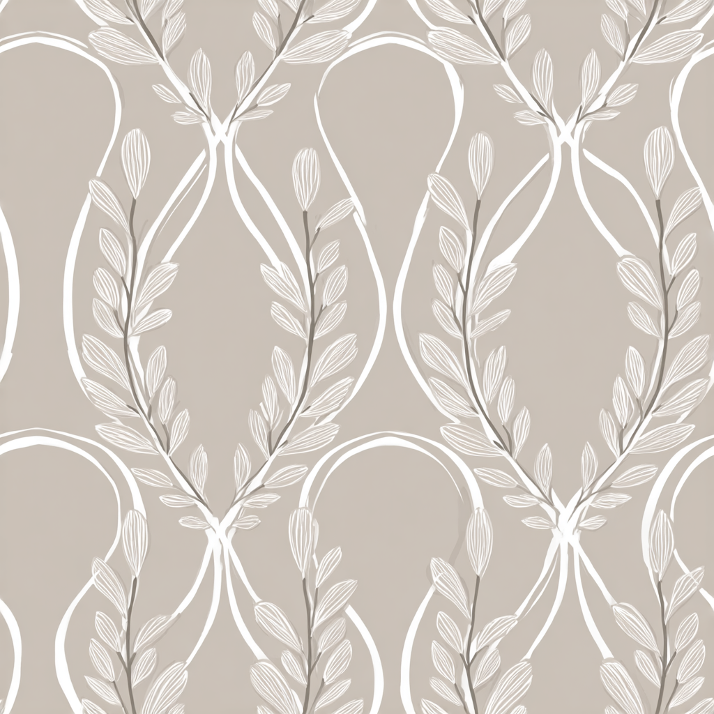 Patterned wallpaper with laurel arc design, with white curves on a taupe background.