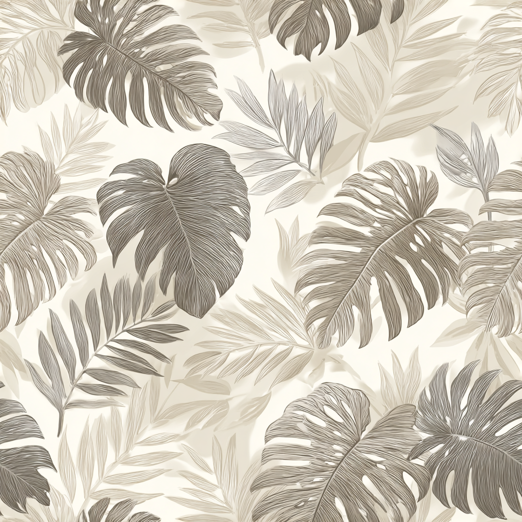 Sepia tone wallpaper featuring a tropical canopy pattern with monstera and palm leaves.