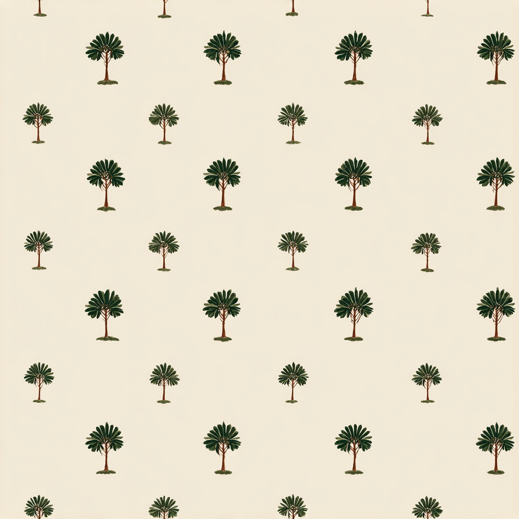 Patterned wallpaper with dark green palm trees on a light beige background.