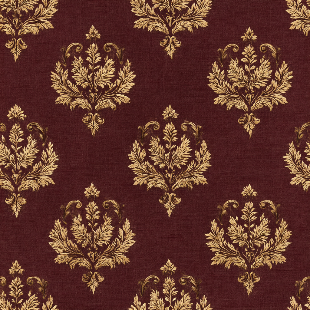 Burgundy and gold Laurel Court Wallpaper with damask pattern.