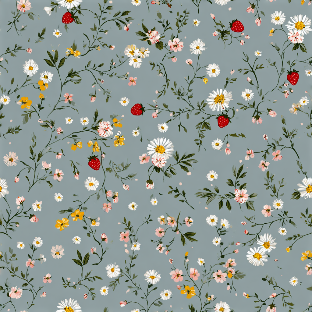 Strawberry Thicket Wallpaper with floral and strawberry pattern on a gray background.