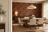 Cognac-patterned dining room with a walnut sideboard, ivory lamp, brown table, cream chairs and a dark green bowl.