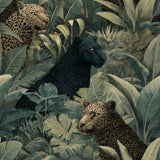 Jungle-themed wallpaper with leopards and a panther among lush green leaves.