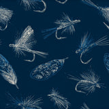 Angler's keepsake wallpaper with a seamless pattern from feathers and fishing flies on a dark blue background.
