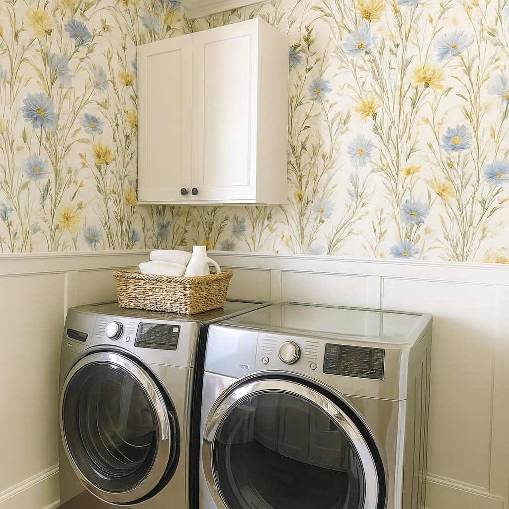 Floral pattern Meadow Flicker Wallpaper with blue and yellow flowers on an off-white background.