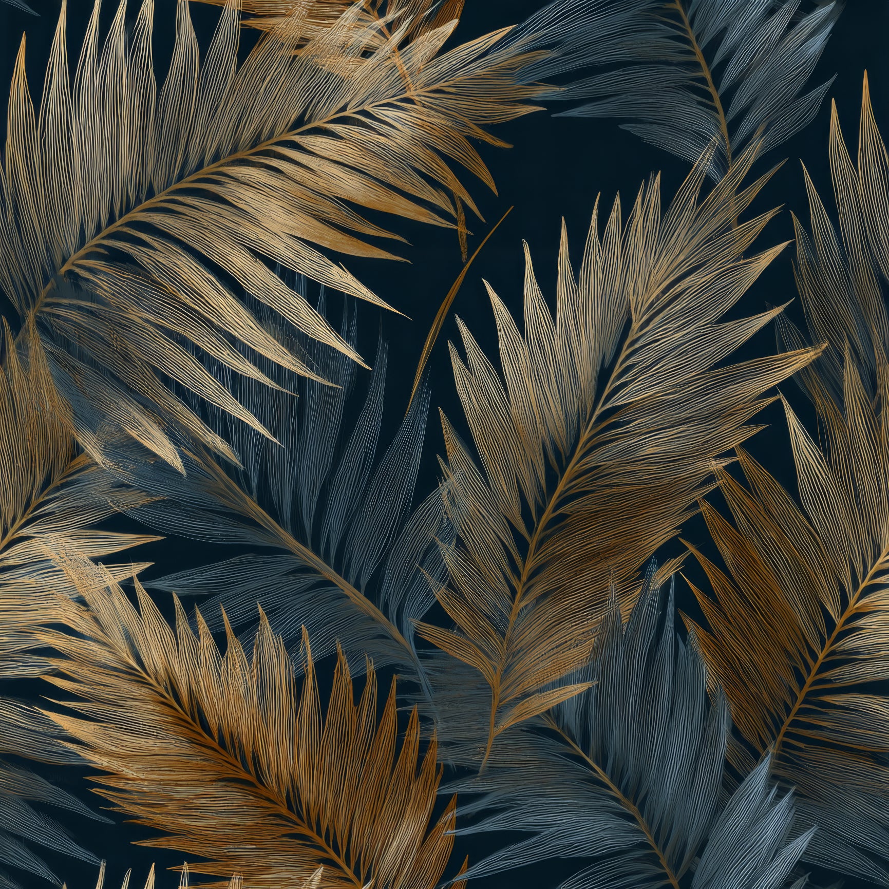 Palm leaves wallpaper with bronze and blue fronds on a dark background.