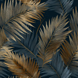 Palm leaves wallpaper with bronze and blue fronds on a dark background.