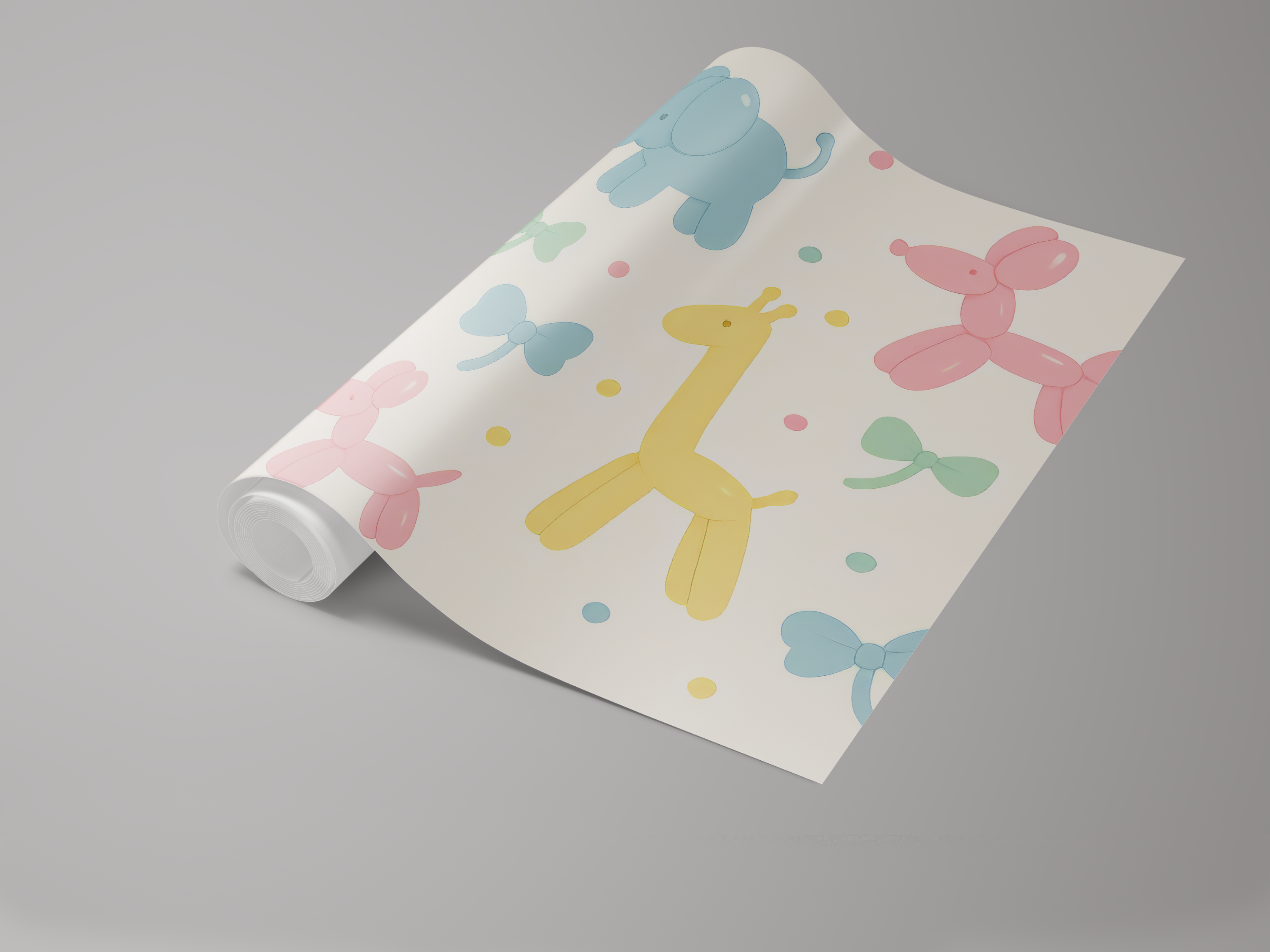 Animal print wallpaper with balloon animal pattern by Wallquest, featuring blue, pink, and yellow designs.