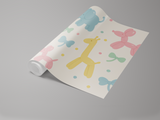 Animal print wallpaper with balloon animal pattern by Wallquest, featuring blue, pink, and yellow designs.