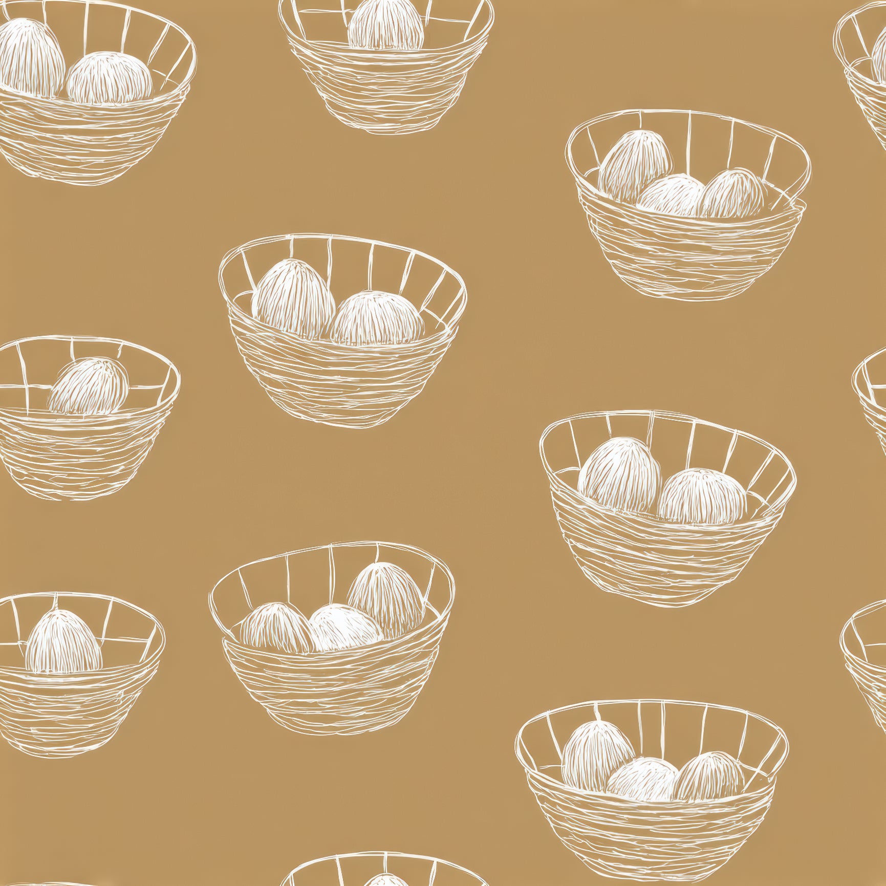Basket of Orlaine Wallpaper featuring white yarn ball pattern on a tan backdrop.