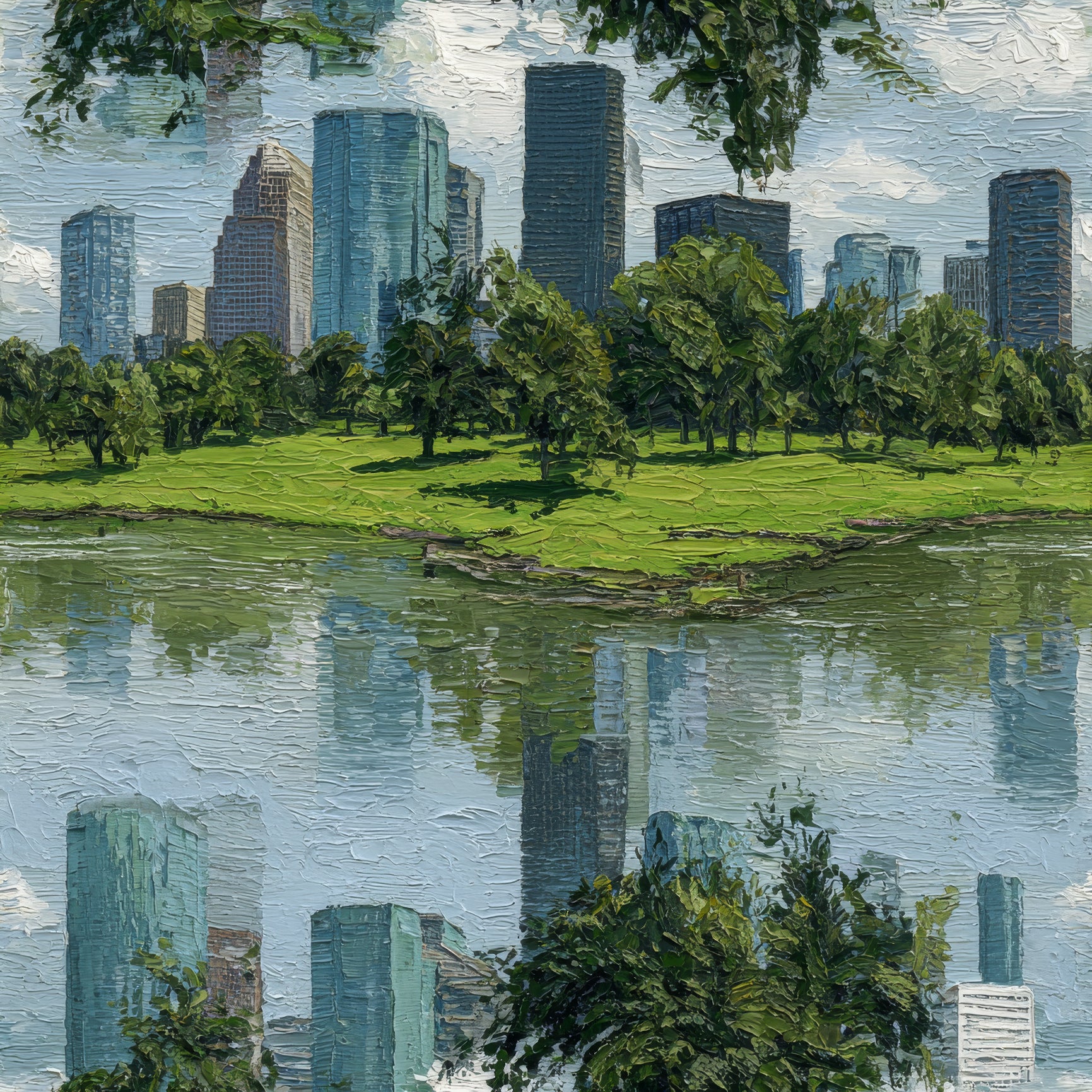 Bayou Glassline wallpaper with a cityscape and trees reflected in a river.
