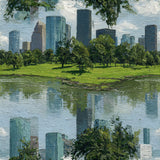 Bayou Glassline wallpaper with a cityscape and trees reflected in a river.
