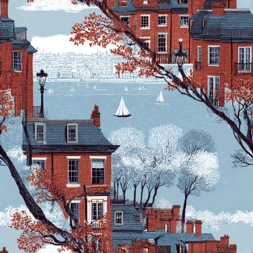 Beaconshore Terrace Wallpaper with townhouses and sailboats on a blue background.