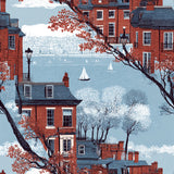 Beaconshore Terrace Wallpaper with townhouses and sailboats on a blue background.