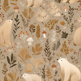 Neutral-toned wallpaper with a bear and foliage pattern.