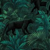 Patterned wallpaper by Blackthorn featuring black panthers and teal jungle foliage.
