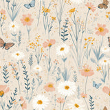 Bloomfield Meadow Wallpaper with peach, yellow, and white floral pattern.