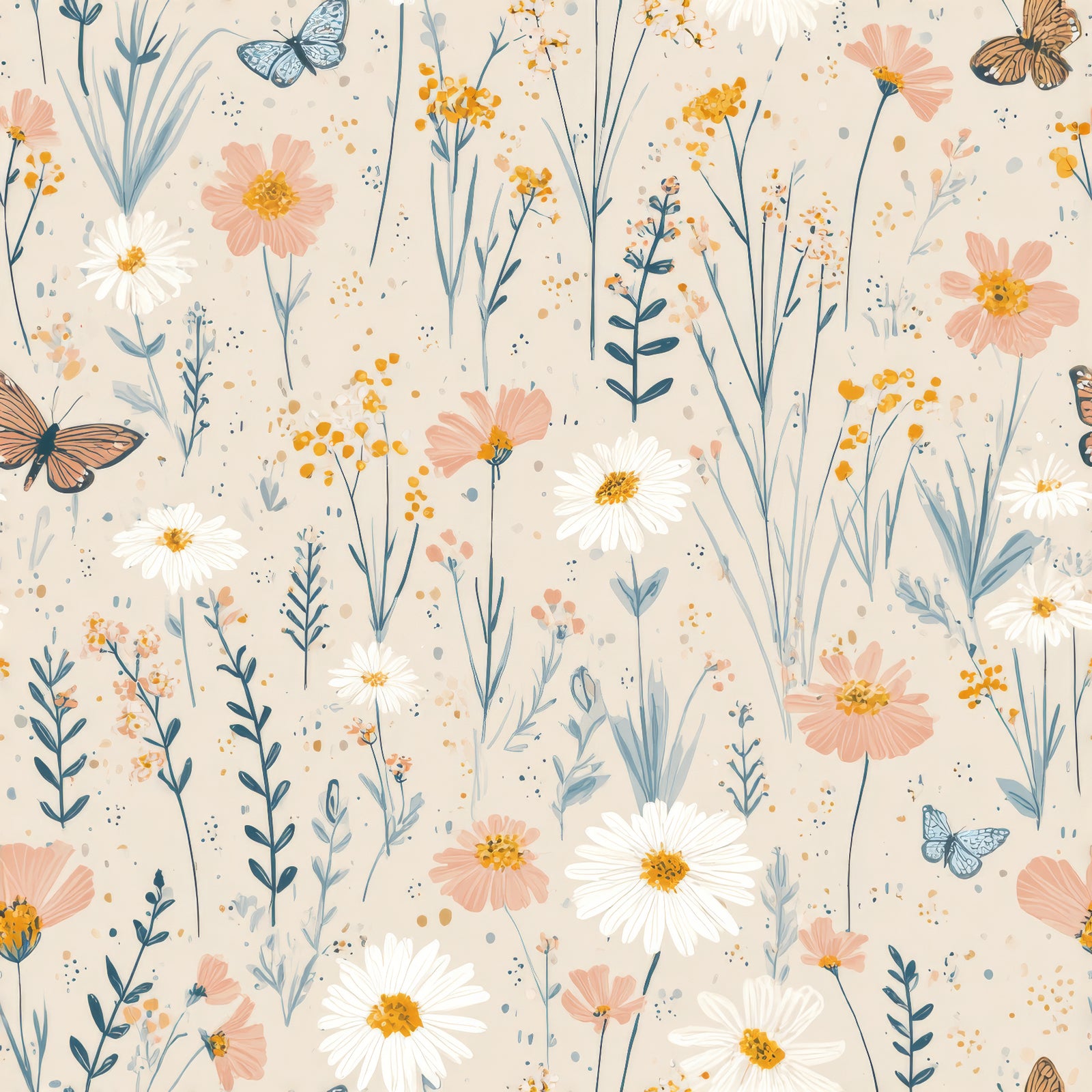 Bloomfield Meadow Wallpaper with peach, yellow, and white floral pattern.