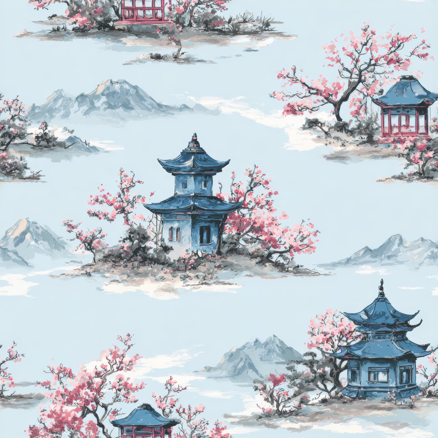 Oriental wallpaper featuring pagodas among cherry blossom trees.