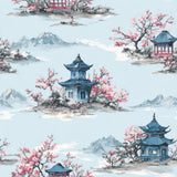 Oriental wallpaper featuring pagodas among cherry blossom trees.