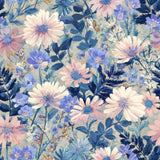 Floral pattern wallpaper by Bluehaven, featuring a variety of blue and pink daisies and dark blue leaves.
