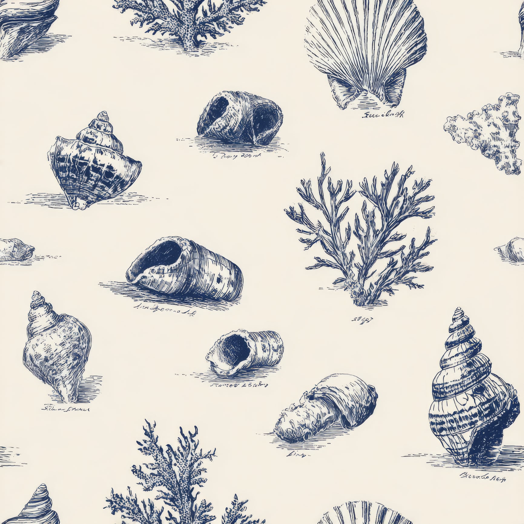 Blueport Antiqua Wallpaper with shell and sea plant pattern.