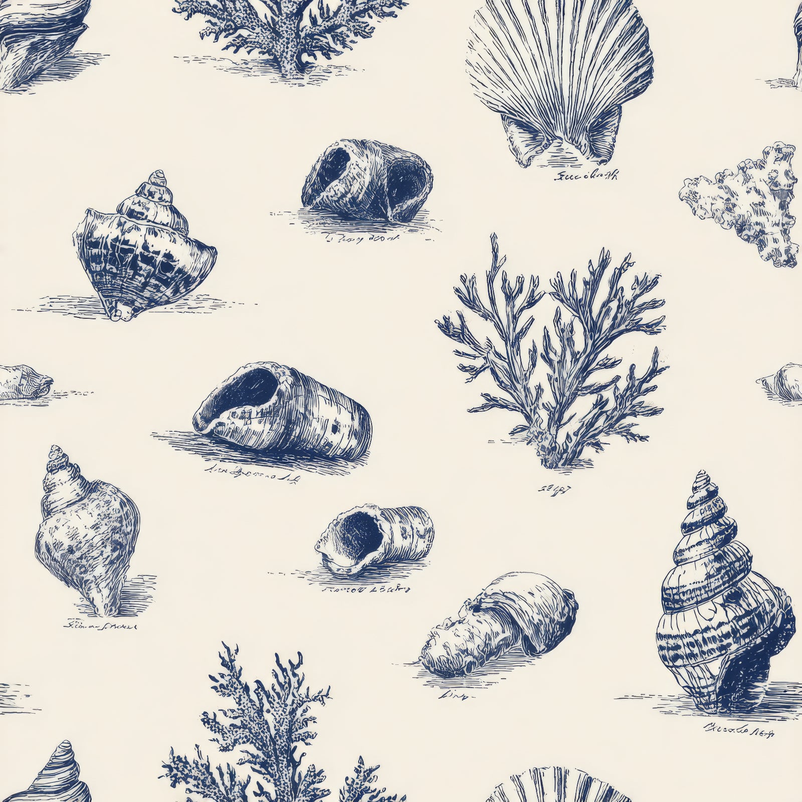 Blueport Antiqua Wallpaper with shell and sea plant pattern.