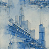 Blue metropolis wallpaper with skyscraper and train designs, presented in a blueprint style.
