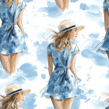Bluewater Sunday Wallpaper with blue watercolor pattern and sketch of a woman wearing summer dress and hat.
