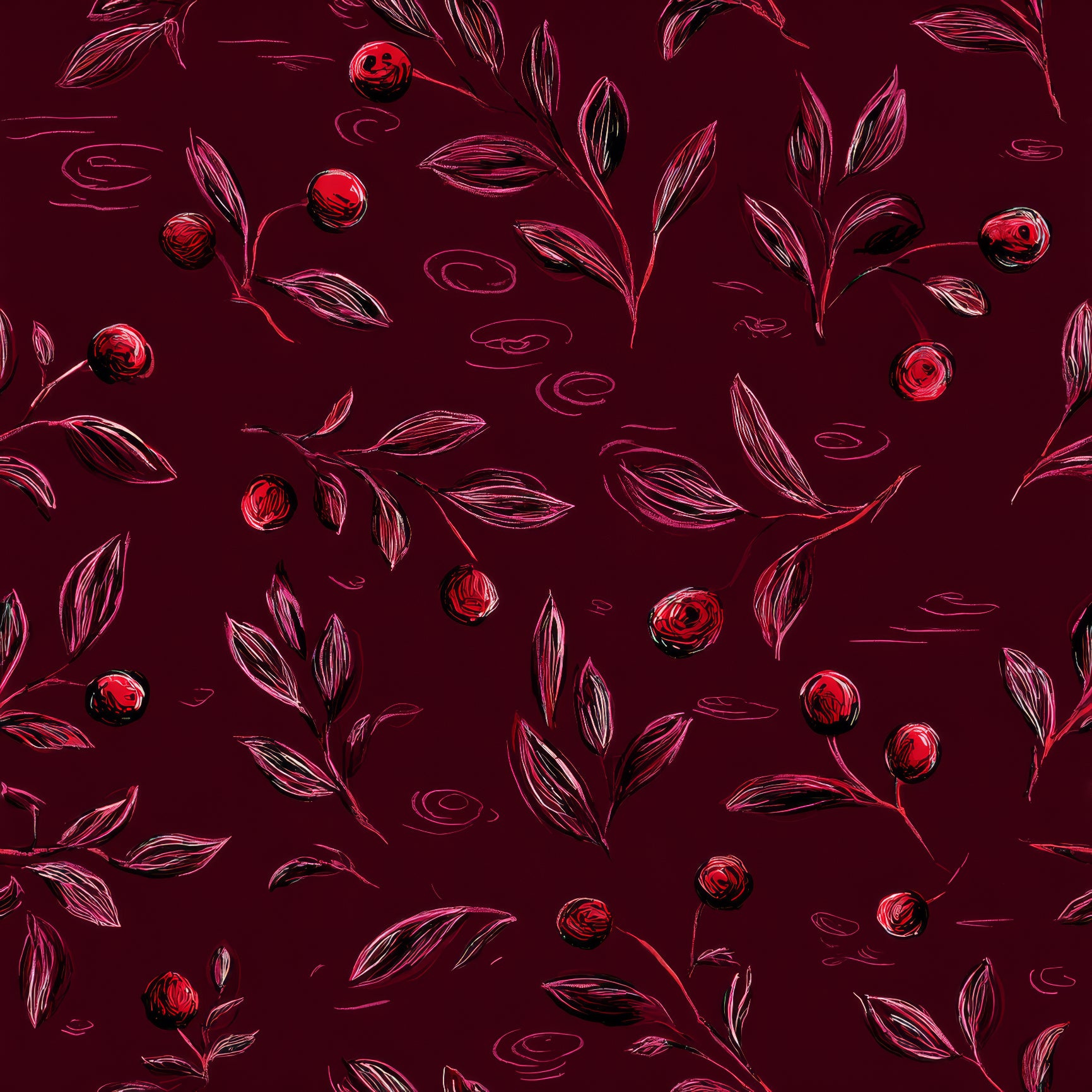 Bordeaux thicket wallpaper with a cherry and leaf pattern.