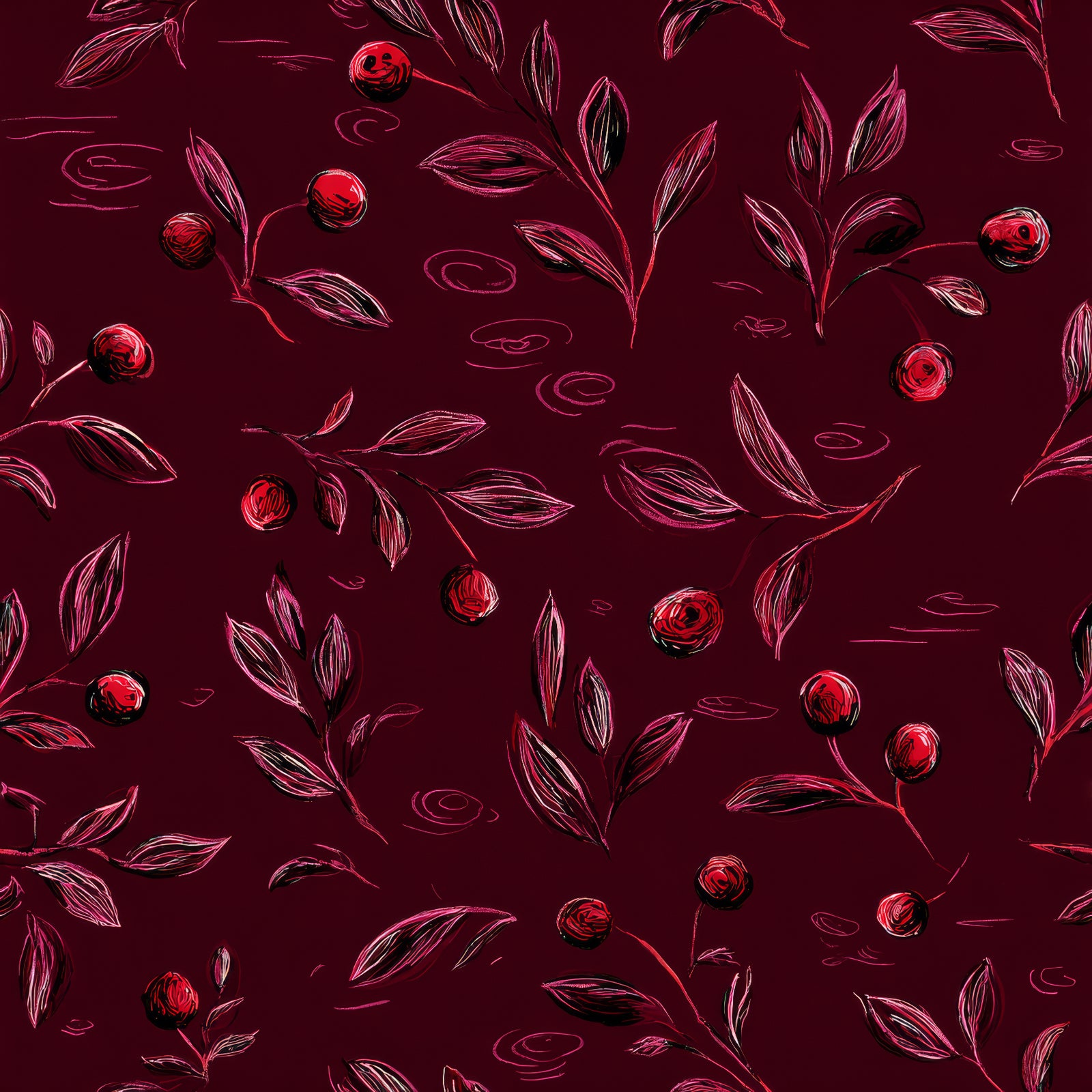 Bordeaux thicket wallpaper with a cherry and leaf pattern.
