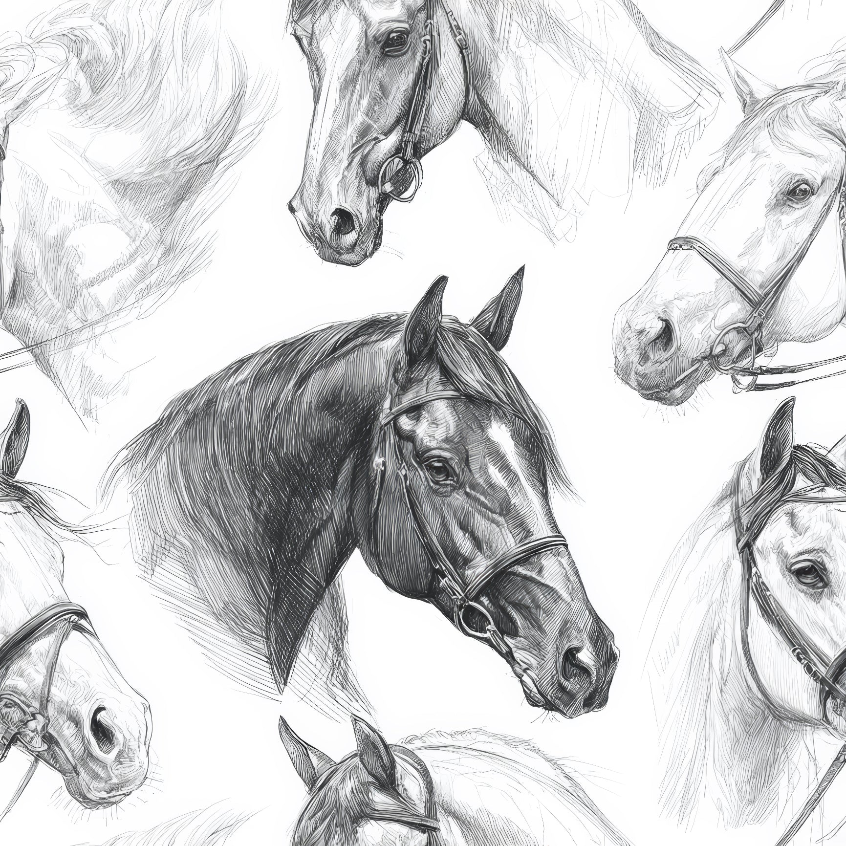 Bridlecrest Study wallpaper with sketched horse heads pattern.
