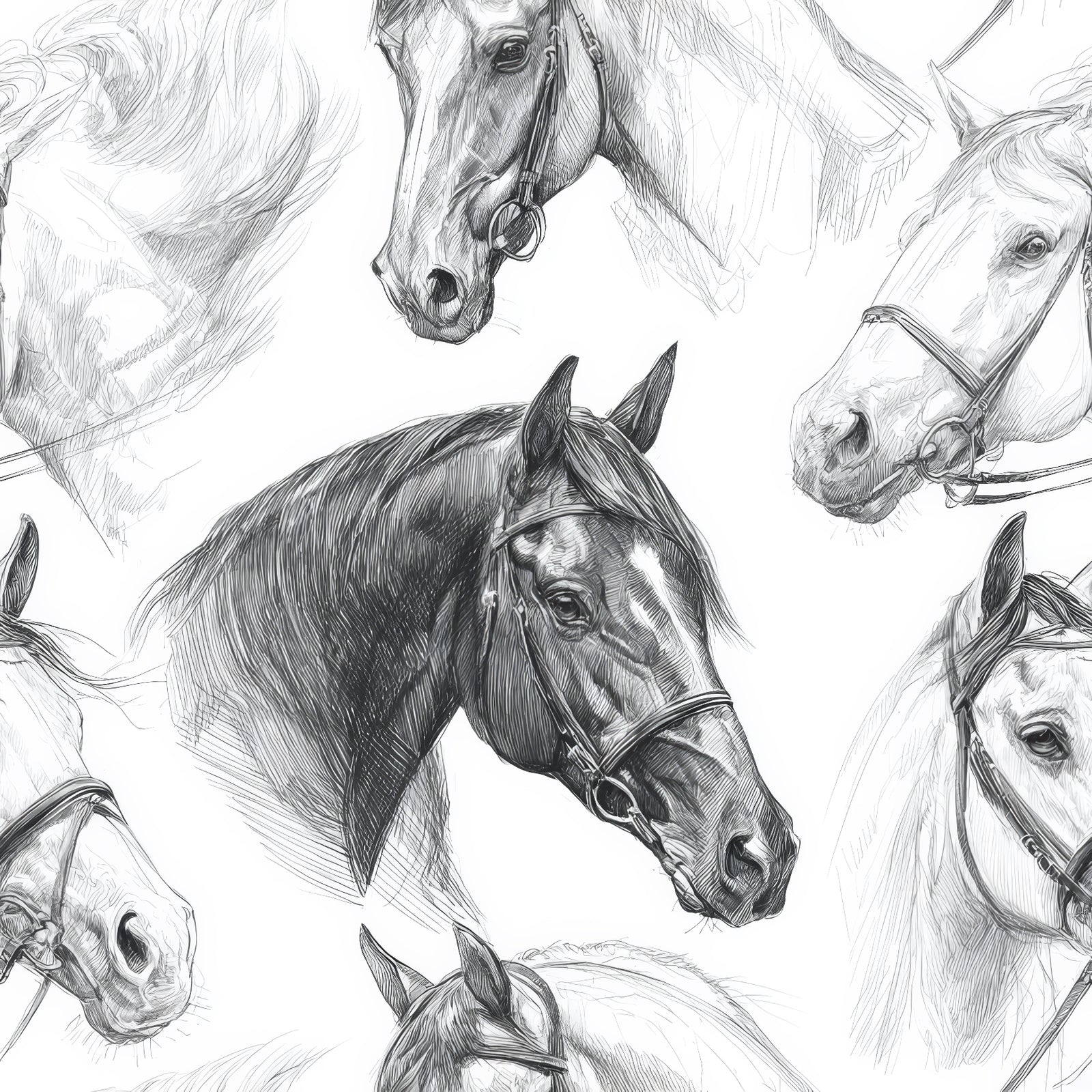 Bridlecrest Study wallpaper with sketched horse heads pattern.
