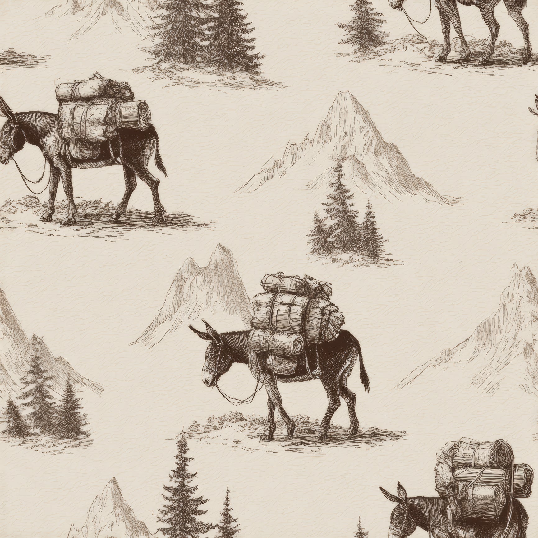 Burro wayfinder wallpaper featuring a repeating donkey motif by mountains and trees.