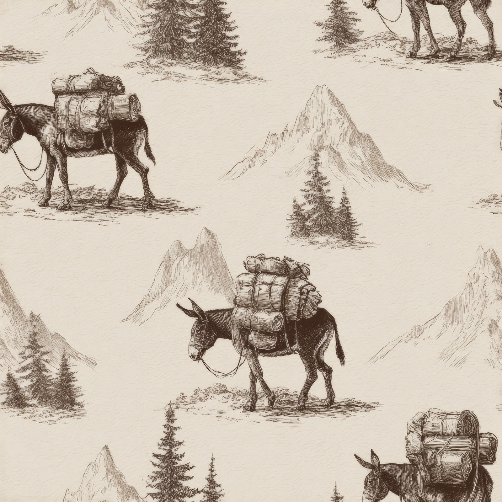 Burro wayfinder wallpaper featuring a repeating donkey motif by mountains and trees.