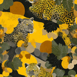 Patterned caldera grove wallpaper with yellow and black leopard print and leaf details.