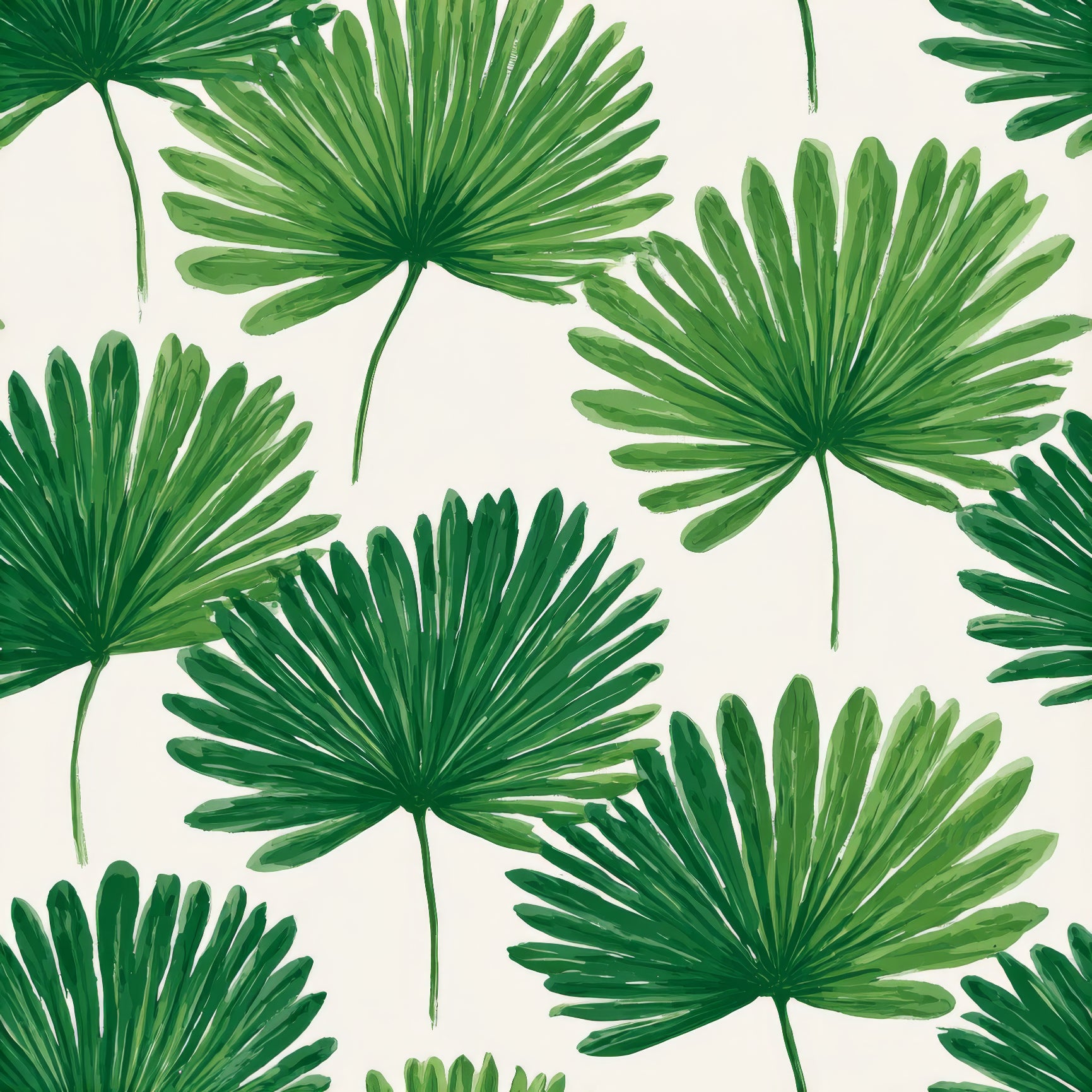 Green fanleaf wallpaper by Cape Verde, featuring a painted tropical palm leaf pattern.