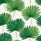 Green fanleaf wallpaper by Cape Verde, featuring a painted tropical palm leaf pattern.