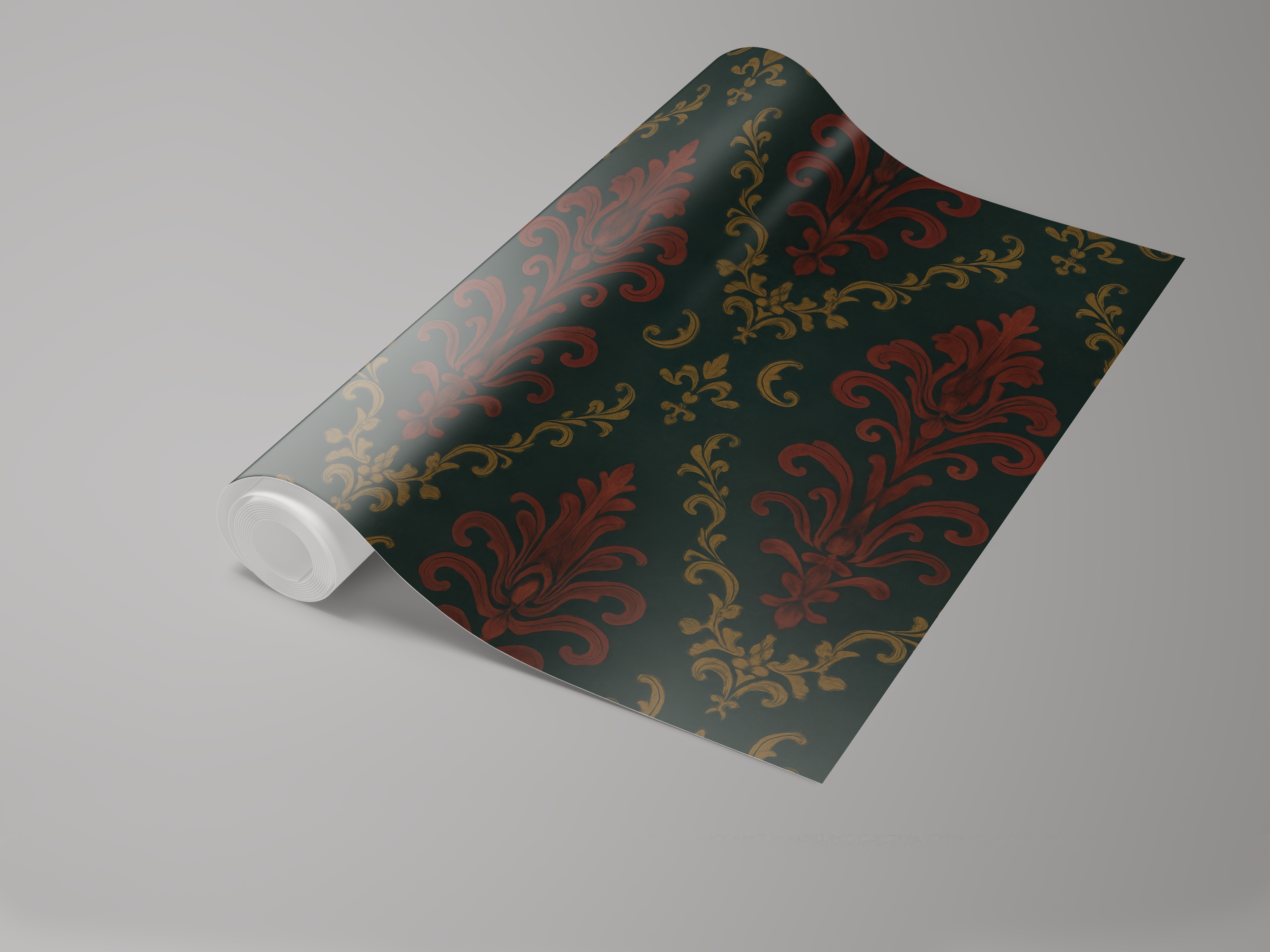 Richly detailed damask wallpaper in charcoal, slate and ivory