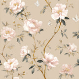 Celestine Bloomhouse Wallpaper with a floral pattern, featuring light pink peonies and fluttering butterflies.