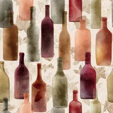 Cellar Reverie wallpaper with watercolor bottles pattern over floral background.