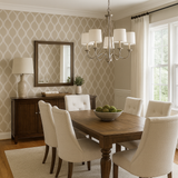 Beige Arch Trellis Lattice Wallpaper with light-colored wave pattern on the walls in a dining room setting.