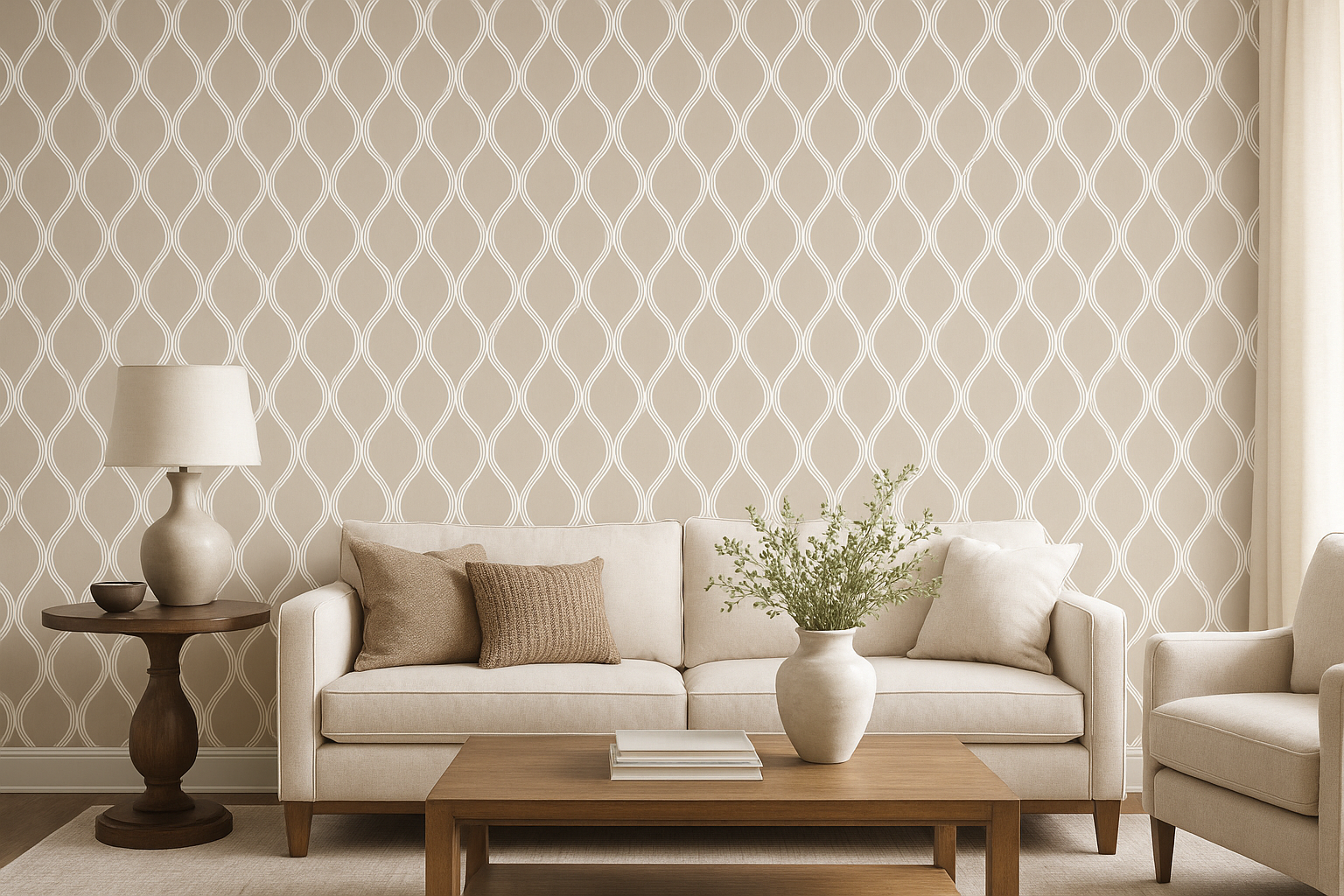 Arch Trellis Lattice Wallpaper with geometric pattern on tan background.